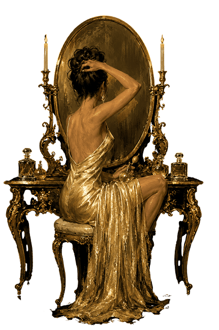 Ornate mirror with woman and chair – decorative golden artwork